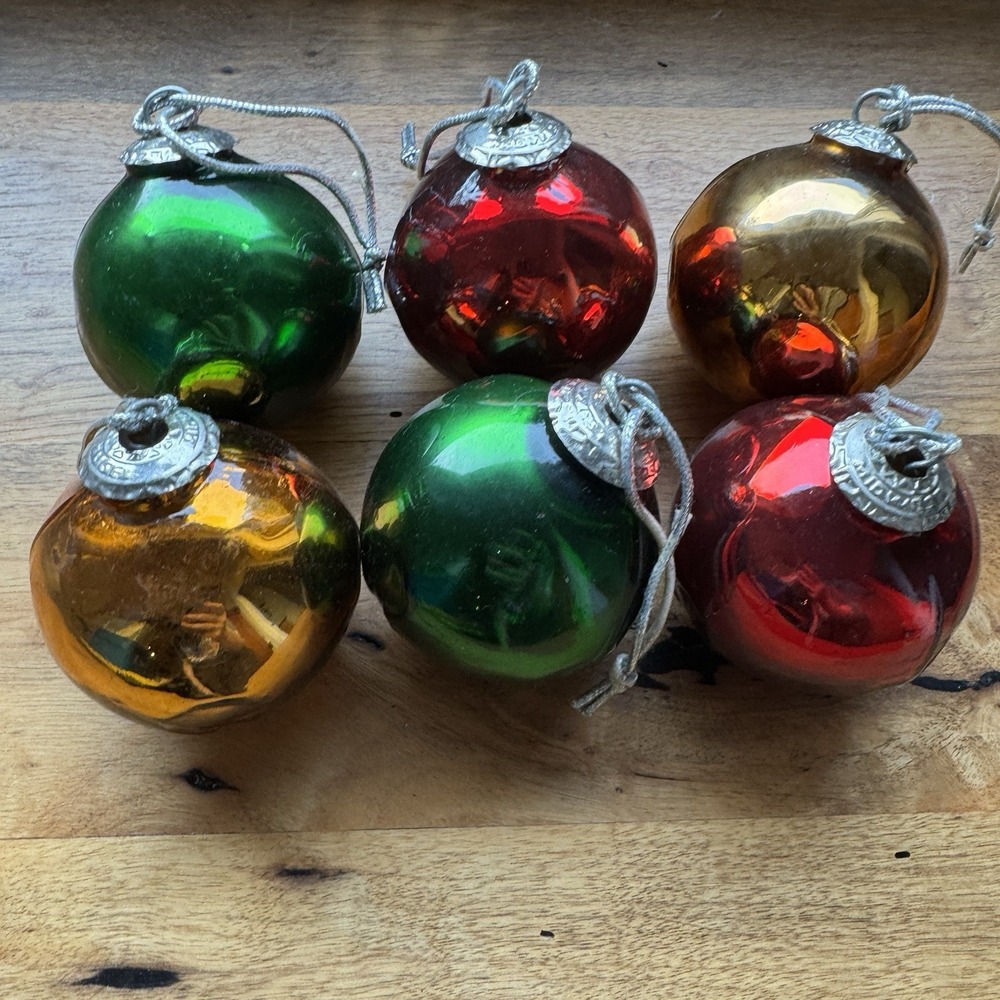 Vtg Midwest Kugel Christmas Ornament Lot Of 6 Glass Ball Bell Red Green Gold